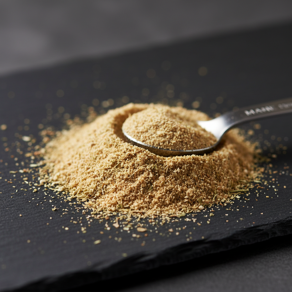 A close, photographic realism macro shot of Mane Seasoning lion’s mane blend spilled artfully onto a matte black slate board, revealing the fine, velvety powder interspersed with tiny dried herb fragments and subtle color variations from pale beige to toasted caramel. A small stainless-steel measuring spoon rests partially buried in the seasoning, its brushed metal surface catching highlights. The background fades into a soft blur of dark, neutral tones, keeping attention on the texture. Dramatic side lighting from the left creates micro shadows in the powder, enhancing depth and richness. Shot at a low, raking angle with extremely shallow depth of field, the image feels sophisticated, scientific, and premium, emphasizing the purity and intricacy of the blend without any pills or additives.