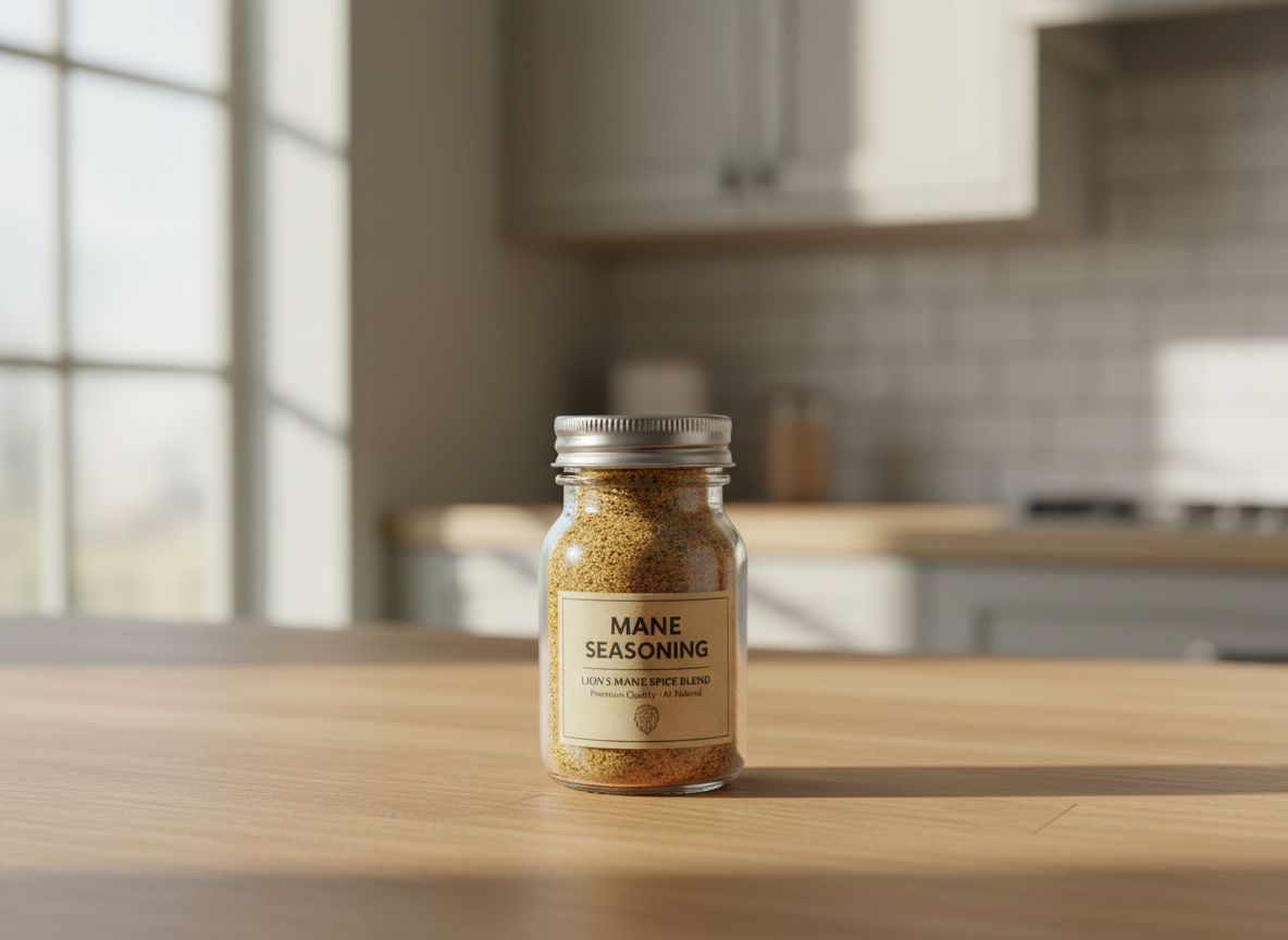 A close-up, photographic realism image of a small glass jar of Mane Seasoning lion’s mane spice blend, filled with a warm, golden-brown powder flecked with herbs. The jar stands centered on a clean, light oak countertop in a modern kitchen, with a soft-focus background of neutral cabinetry and a matte white tile backsplash. Gentle morning window light from the left creates a subtle sheen on the glass and metal lid, casting a soft shadow to the right. The mood is professional yet inviting, emphasizing purity and quality. Shot at eye level with a shallow depth of field, the label is crisp and legible while the background melts into a creamy bokeh, reinforcing a clean, modern aesthetic.