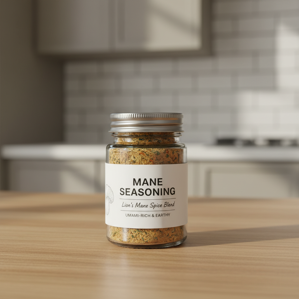 A close-up, photographic realism image of a small glass jar of Mane Seasoning lion’s mane spice blend, filled with a warm, golden-brown powder flecked with herbs. The jar stands centered on a clean, light oak countertop in a modern kitchen, with a soft-focus background of neutral cabinetry and a matte white tile backsplash. Gentle morning window light from the left creates a subtle sheen on the glass and metal lid, casting a soft shadow to the right. The mood is professional yet inviting, emphasizing purity and quality. Shot at eye level with a shallow depth of field, the label is crisp and legible while the background melts into a creamy bokeh, reinforcing a clean, modern aesthetic.