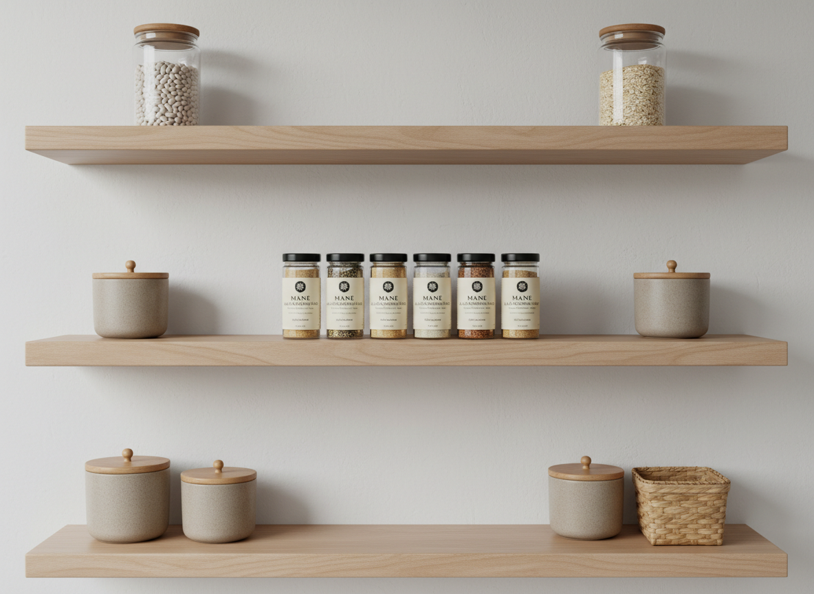 A minimalist pantry shelf scene in photographic realism, featuring a row of neatly arranged Mane Seasoning lion’s mane spice jars, all labels aligned, against a matte white wall. The shelves are smooth, light maple wood with subtle grain, and a few neutral-toned stoneware canisters and clear glass storage jars add structure without distraction. Soft overcast daylight enters from an unseen window to the left, casting gentle, diffuse illumination that eliminates harsh shadows and emphasizes clean lines. Captured straight-on at eye level with sharp focus throughout, the composition uses symmetrical balance for a calm, orderly feeling. The mood is professional, organized, and trustworthy, showcasing the products as essential, preservative-free pantry staples.