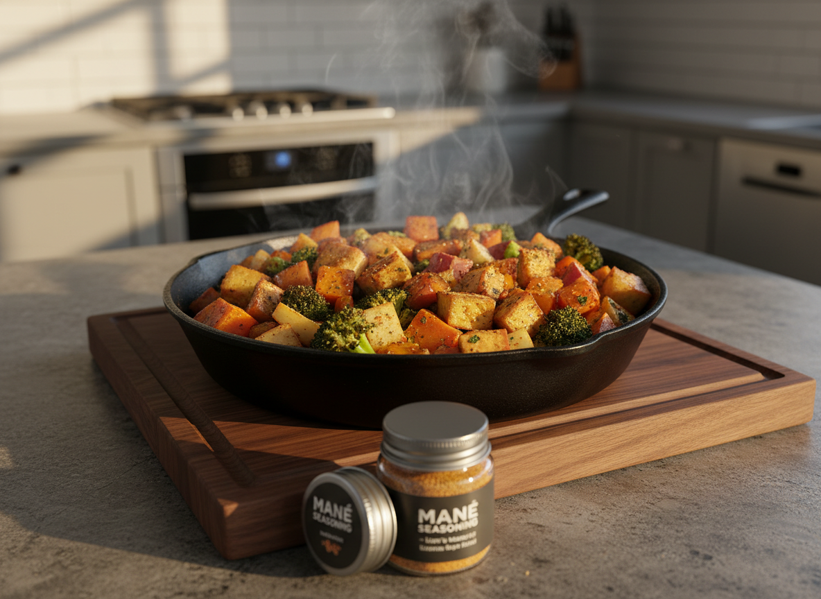 A steaming cast-iron skillet filled with sizzling, golden-brown roasted vegetables and crisp-edged tofu, generously dusted with Mane Seasoning lion’s mane blend so that the spice clings visibly to the caramelized surfaces. The skillet rests on a dark walnut cutting board atop a stone countertop, with a small open jar of seasoning in the foreground, its lid set aside. Warm, directional light from the right mimics late-afternoon sun, highlighting texture and creating appetizing, glossy highlights on the food while leaving the background pleasantly subdued. Shot from a slightly elevated three-quarter angle with moderate depth of field, the dish is in sharp focus, while a blurred background of a modern, neutral-toned kitchen maintains a professional, gourmet mood.