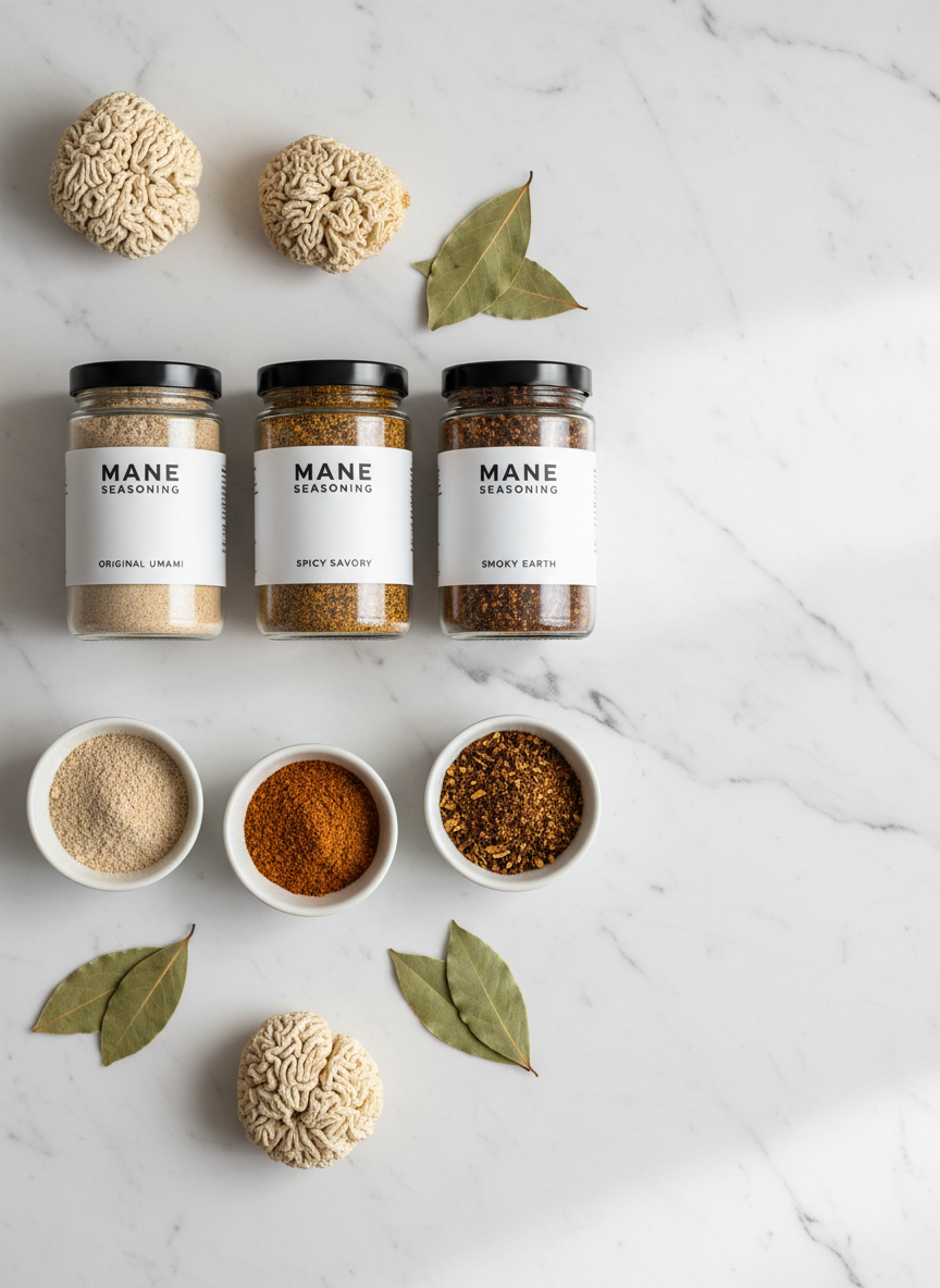 An overhead, photographic realism shot of three Mane Seasoning lion’s mane blends arranged in a neat row on a cool, white marble surface. Each transparent glass jar reveals a distinct texture and shade, from pale tan to deep amber, with fine powders and tiny herbal specks clearly visible. Scattered around are small ceramic pinch bowls containing a pinch of each blend, along with a few whole dried mushrooms and bay leaves for context. Soft diffused daylight from above-right creates gentle, even illumination and minimal shadows, giving a polished, catalog-ready look. The composition follows the rule of thirds, with generous negative space for text, conveying a clean, professional, and premium atmosphere.